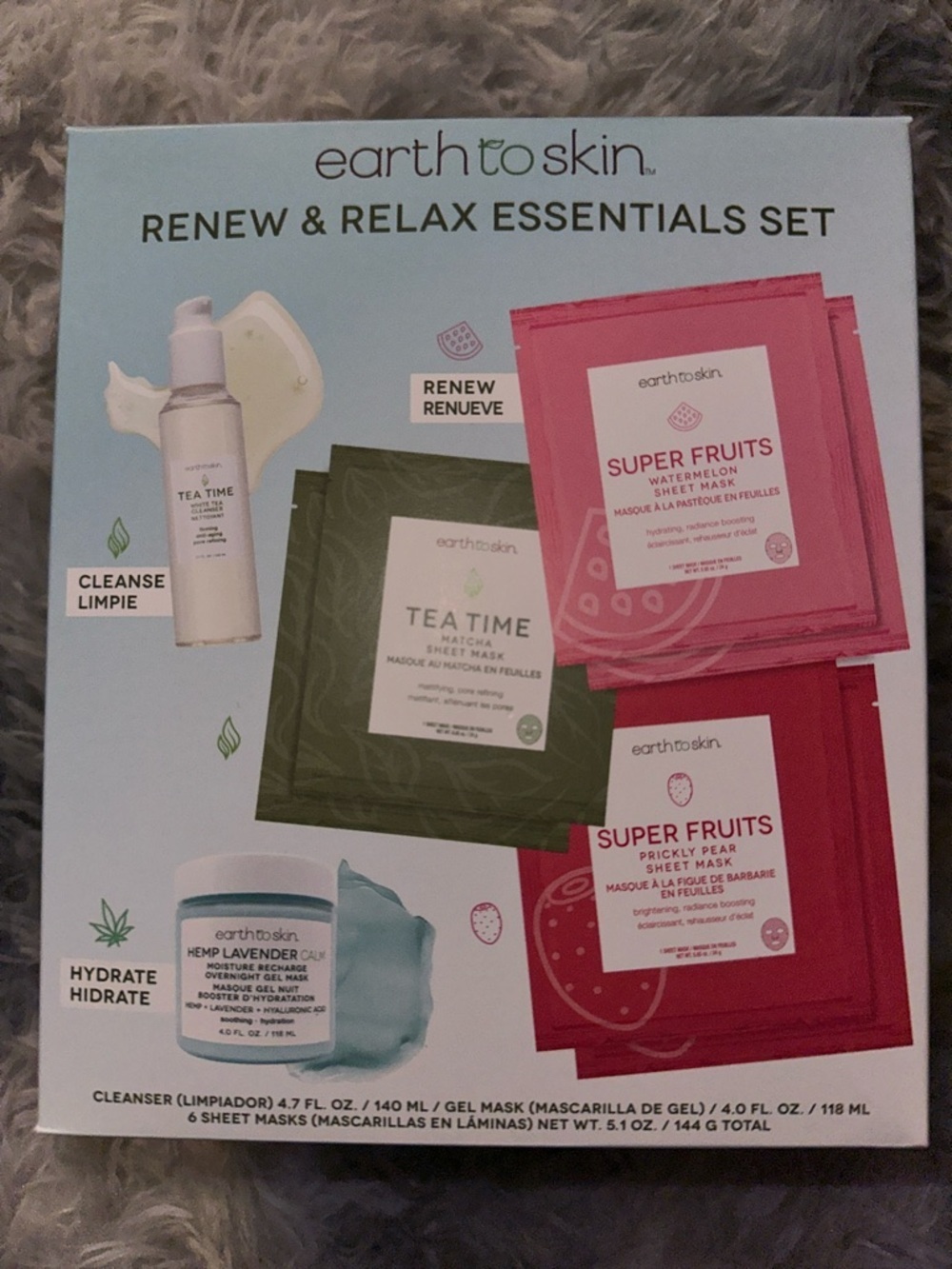 earth to skin Renew & Relax Essentials Set Masks Cleanse Moisturize - NIB